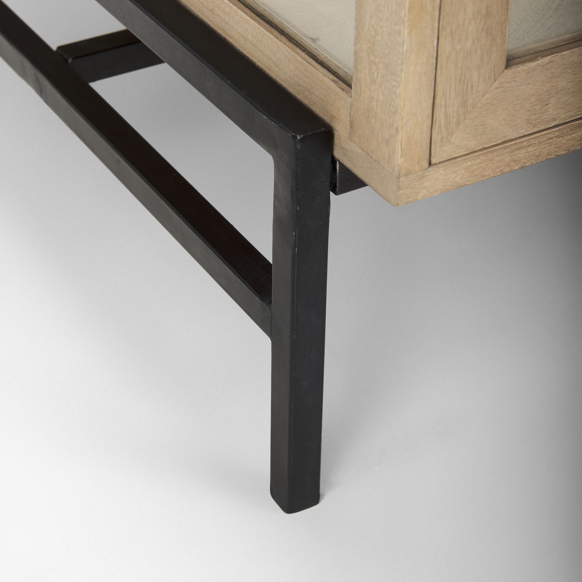 Arelius 49.5'L Rectangular Light Brown Wood with Black Metal Base Display Coffee Table, by Mercana, 49.5" length x 29.5" width x 15" height View 10
