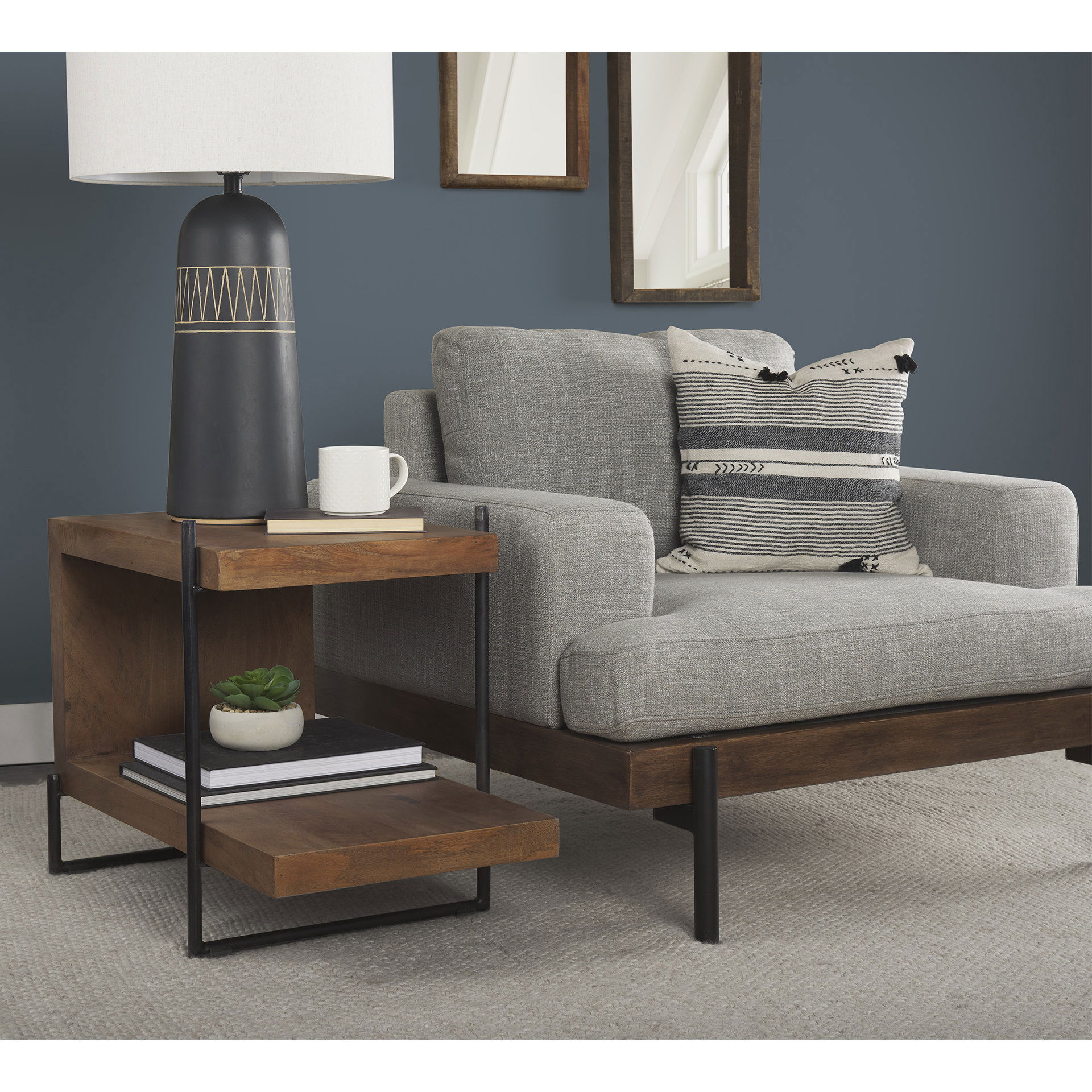 Maddox 30L x 18W x 22H Medium Brown Wood with Black Metal U-shaped End/Side Table large image 