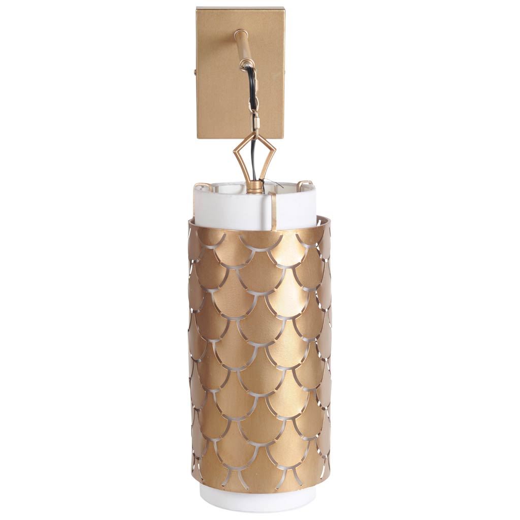 Brasseur IV 10.5x22 Gold Toned Metal Fish Scale Wall Sconce, by Mercana, 10.5" length x 7" width x 22" height View 1