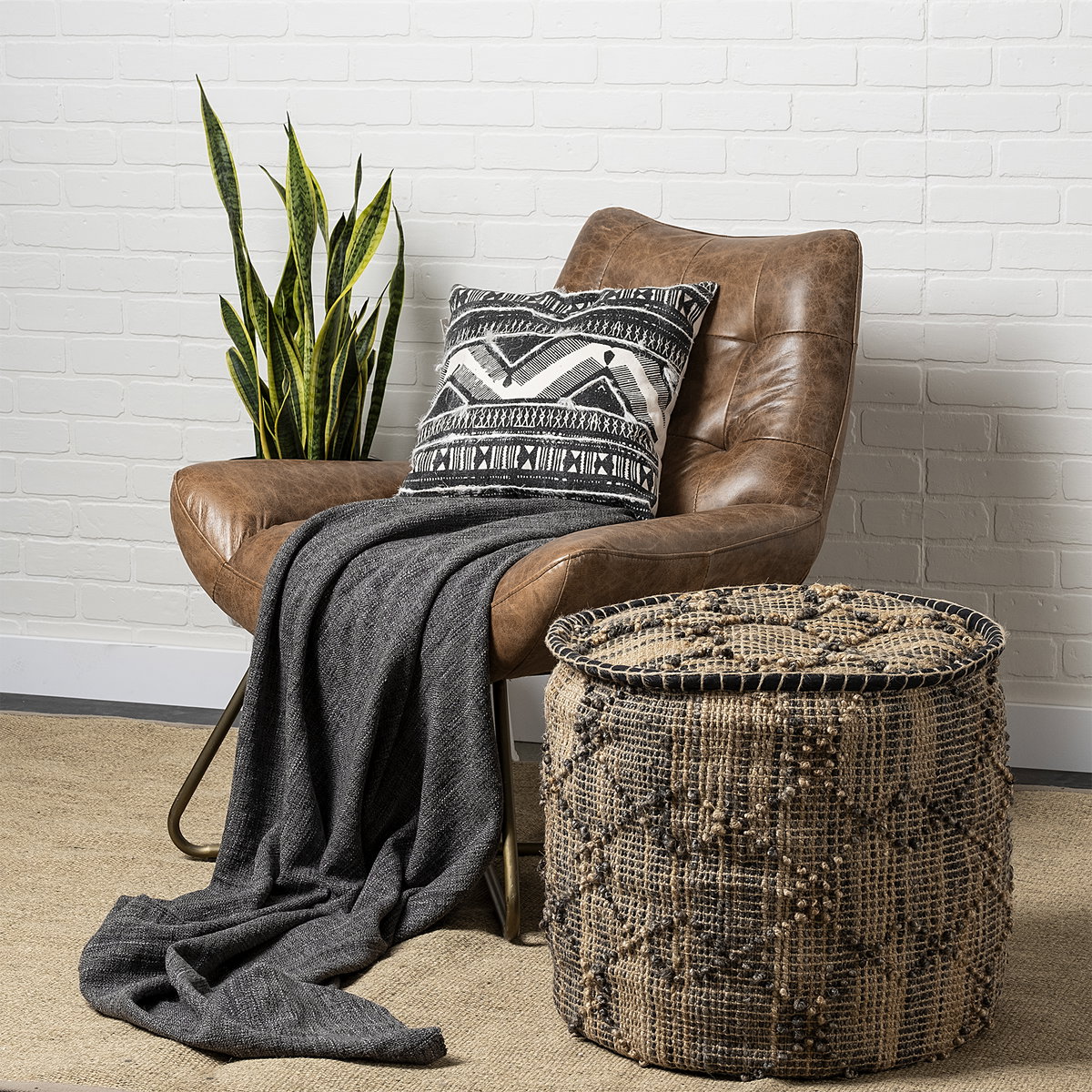 Riley Tan Jute Popcorn Stich Cylindrical Pouf, Ottoman by Mercana, 20" length x 20" width x 18" height View 2