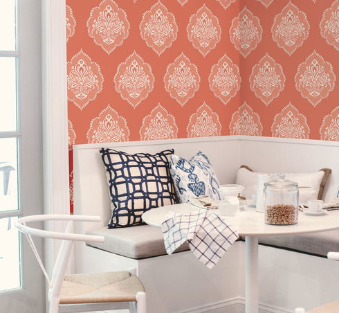 Signet Medallion Damask Coral Wallpaper