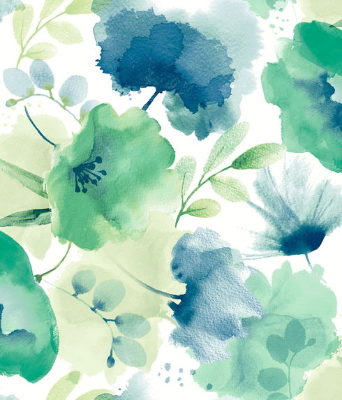 Watercolor Bouquet Blue & Green Wallpaper