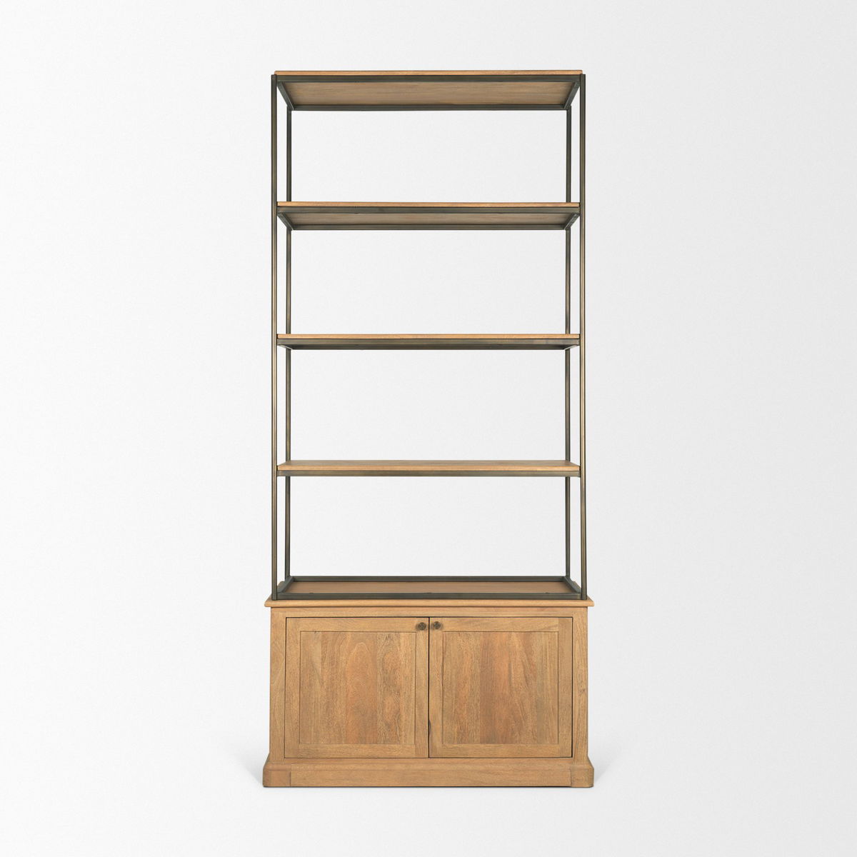 Baron Light Brown Wood with Gunmetal 2-Door Open Shelving Unit, Shelving & Bookcase by Mercana, 41.75" length x 19" width x 90" height View 4