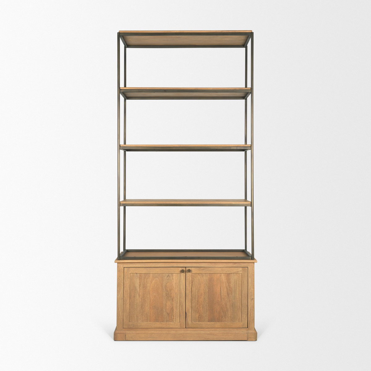 Baron Light Brown Wood with Gunmetal 2-Door Open Shelving Unit, Shelving & Bookcase by Mercana, 41.75" length x 19" width x 90" height View 4