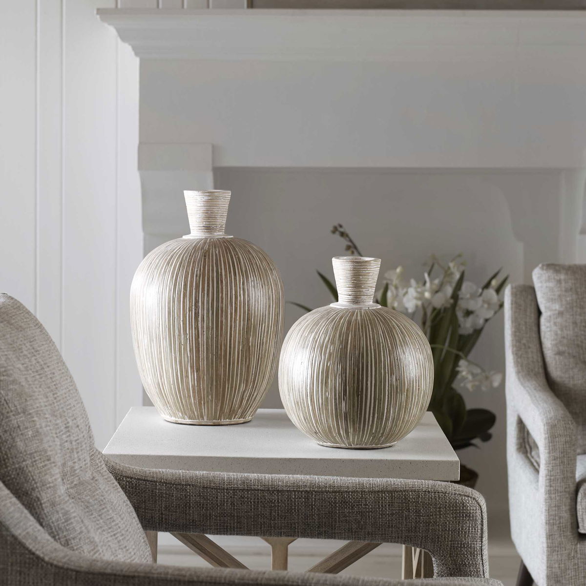 Islander White Washed Vases Set/2, by Uttermost, 10.8" width x 16" height x 10.8" depth View 3