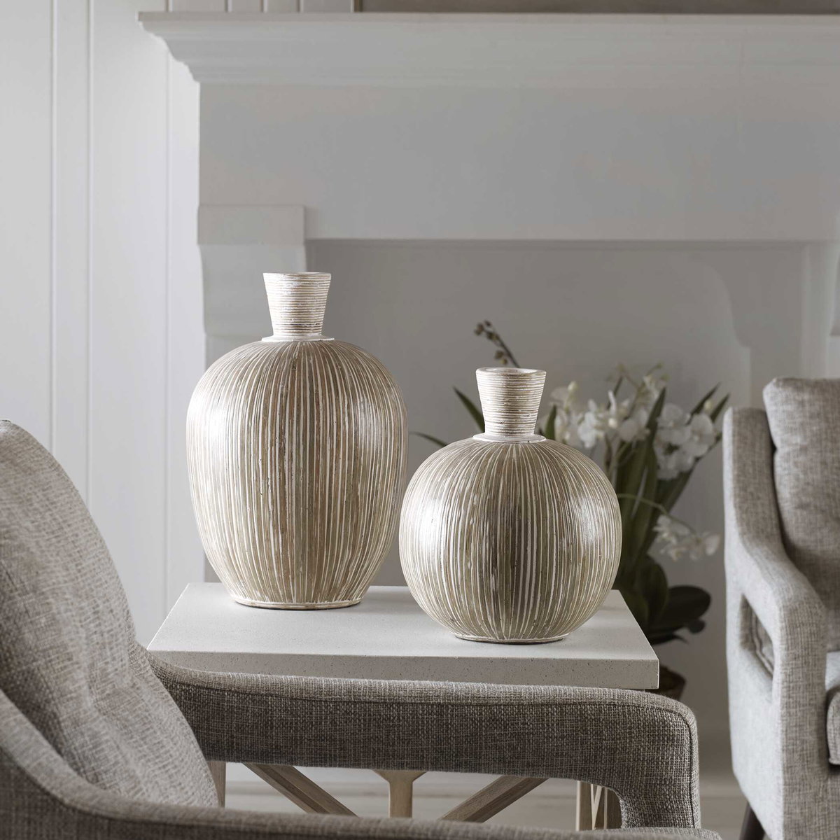 Islander White Washed Vases Set/2, by Uttermost, 10.8" width x 16" height x 10.8" depth View 3