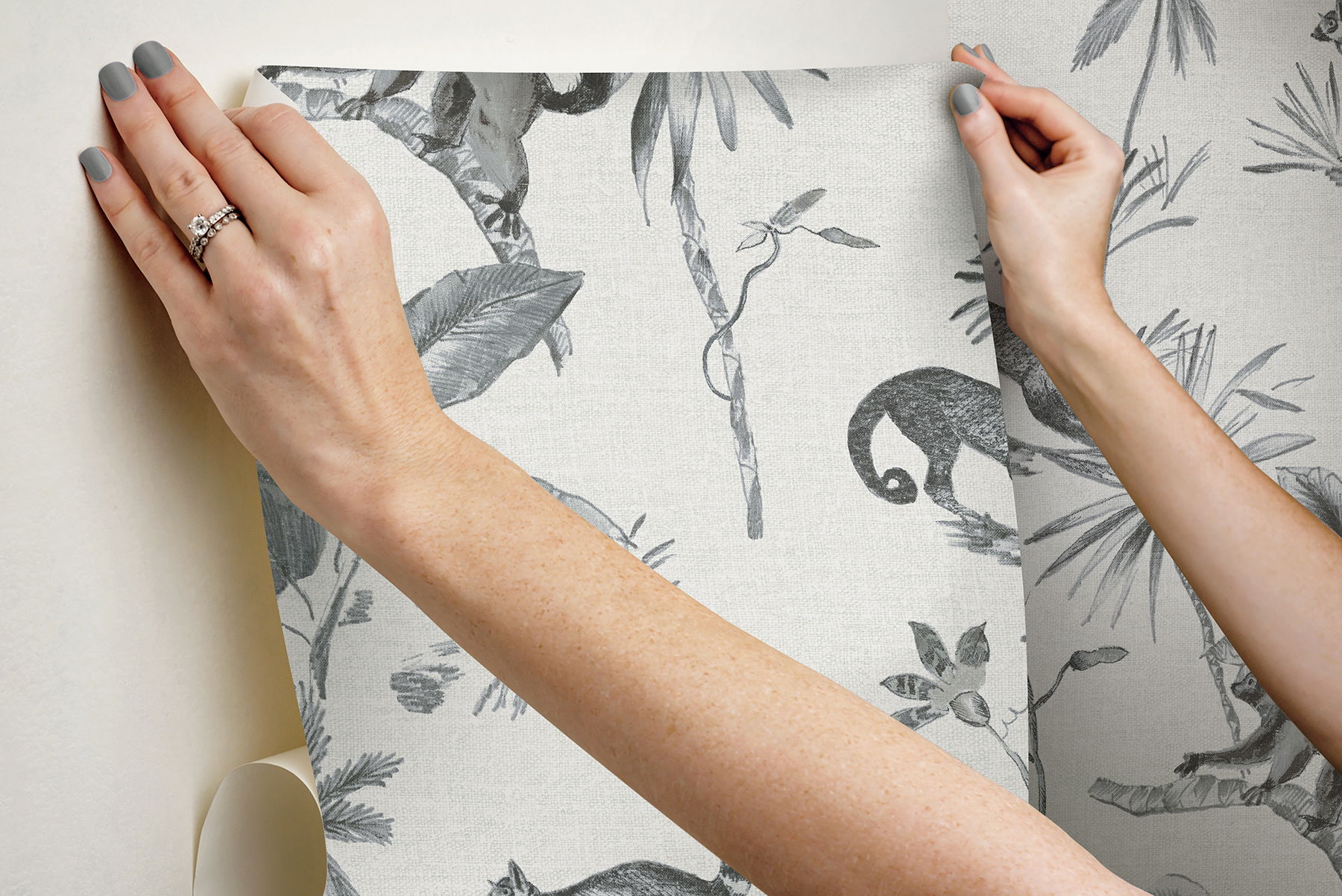 Botanicals & Lemurs Grey Peel & Stick Wallpaper large image 