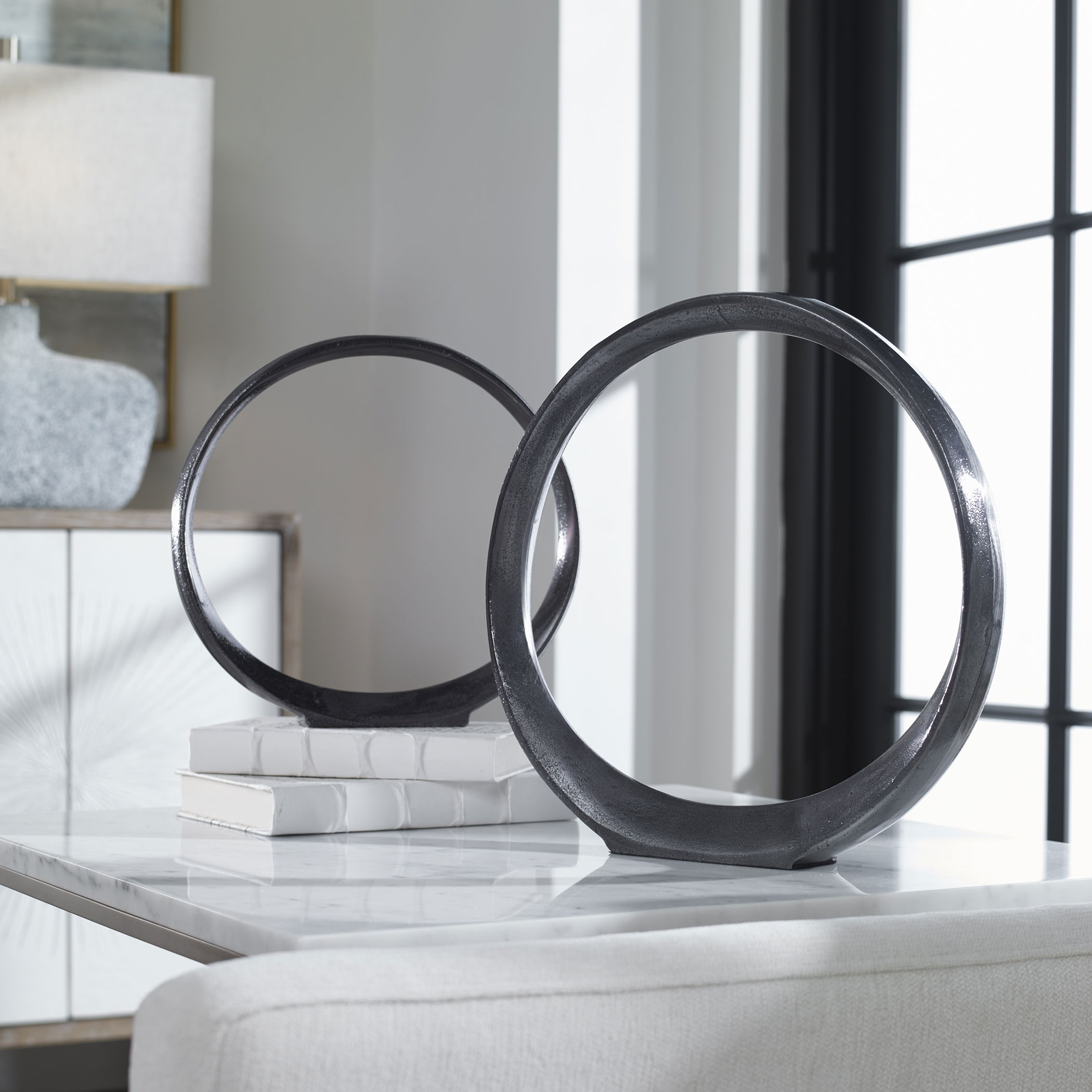 Orbits Black Ring Sculptures Set/2, Decorative by Uttermost, 14.25" width x 14" height x 2" depth View 7