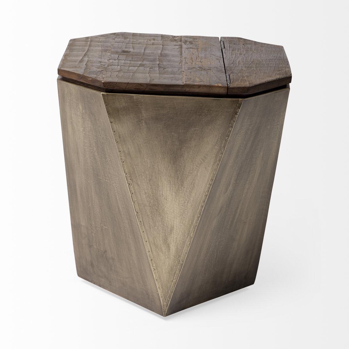 Esagono Octagonal Gold Metal-Clad Reclaimed Wood End/Side Table with Storage, Side & End Table by Mercana, 19" length x 19" width x 21" height View 7