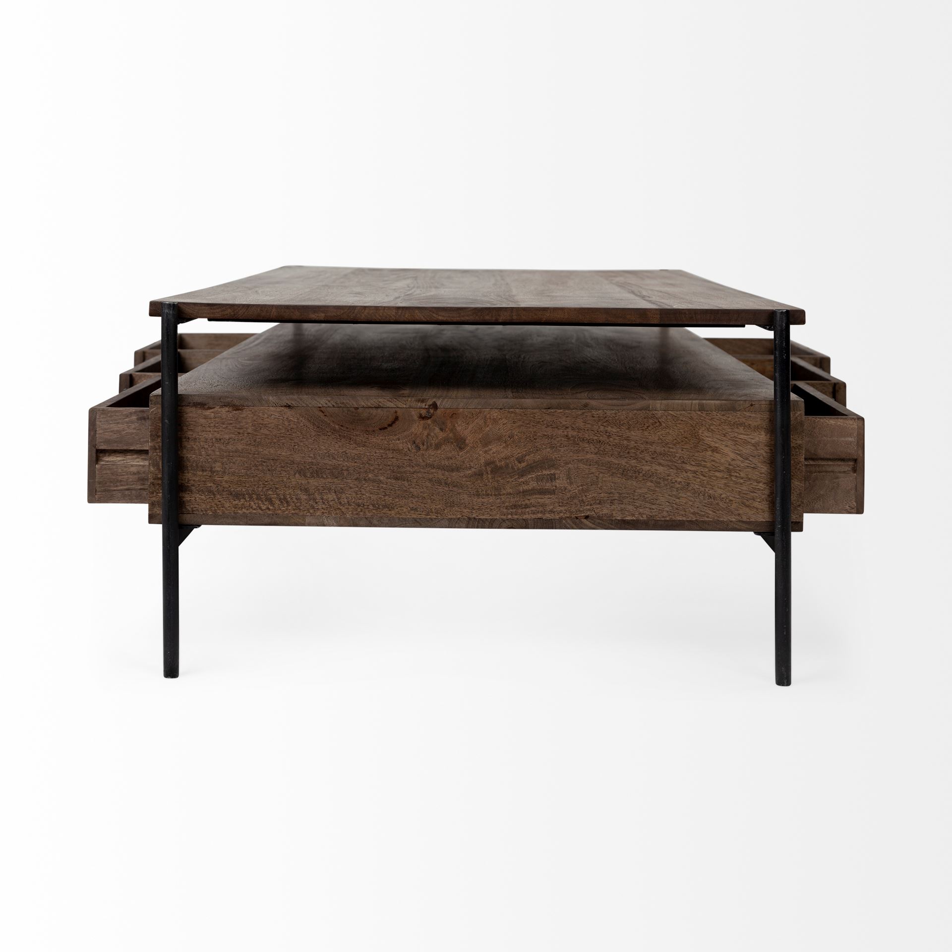 Glenn II 54x30 Dark Brown Wood with Black Iron Frame, Rectangle 3 Drawers Coffee Table, by Mercana, 55.75" length x 30.5" width x 17" height View 8