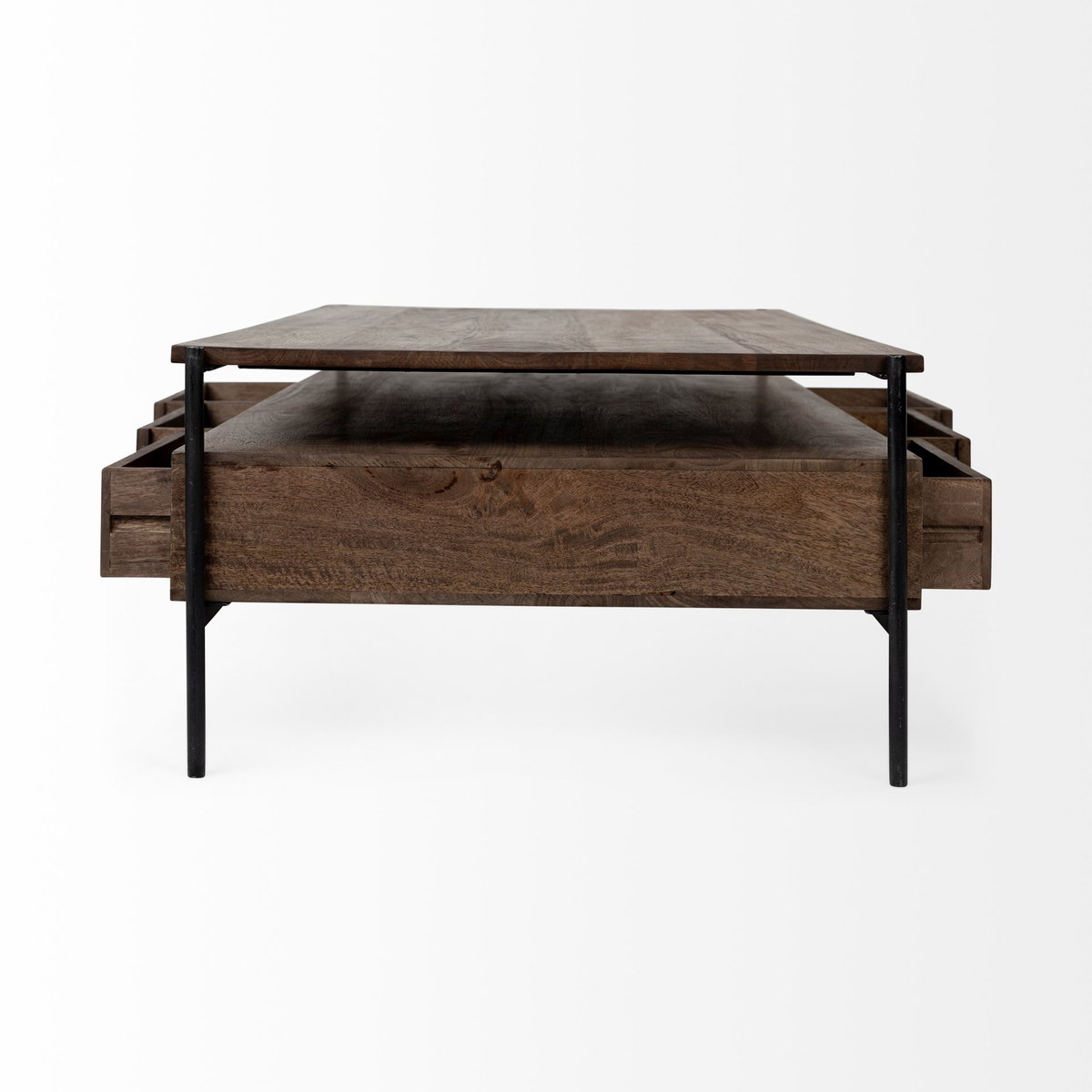 Glenn II 54x30 Dark Brown Wood with Black Iron Frame, Rectangle 3 Drawers Coffee Table, by Mercana, 55.75" length x 30.5" width x 17" height View 8