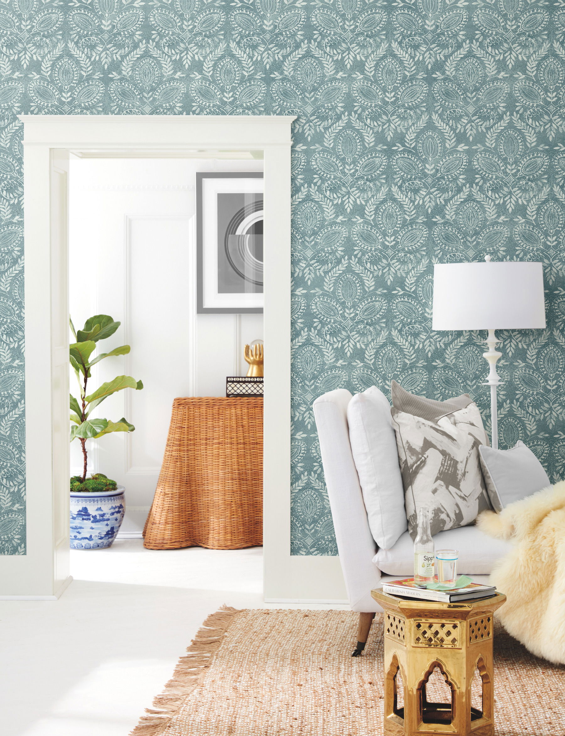 Laurel Damask Teal Wallpaper large image 