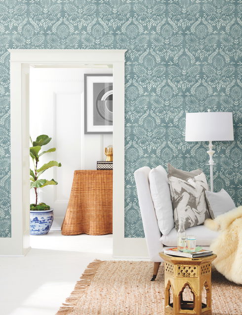 Laurel Damask Teal Wallpaper