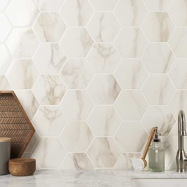 Online Designer Bathroom Amalfi Calacatta 6” Hexagon Polished Porcelain Tile