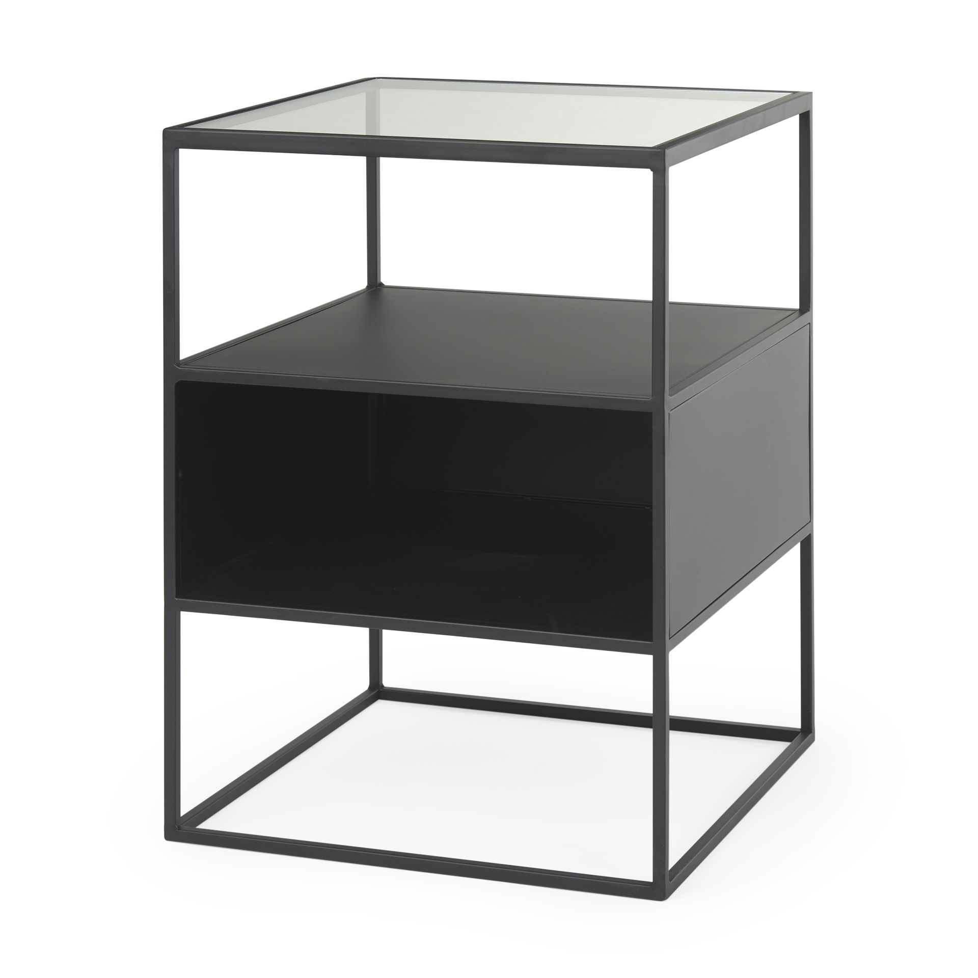 Samson  Side Table Matte Black Metal and Glass, Side & End Table by Mercana, 15.75" length x 15.75" width x 21.26" height View 1