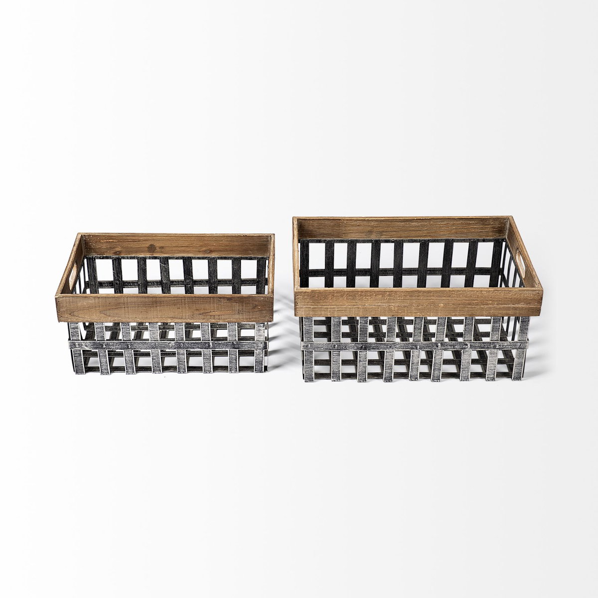 Chartrand Set of 2 Wood And Metal Open Crate Style Baskets, Bins & Basket by Mercana, 18.7" length x 12.6" width x 8.66" height View 4