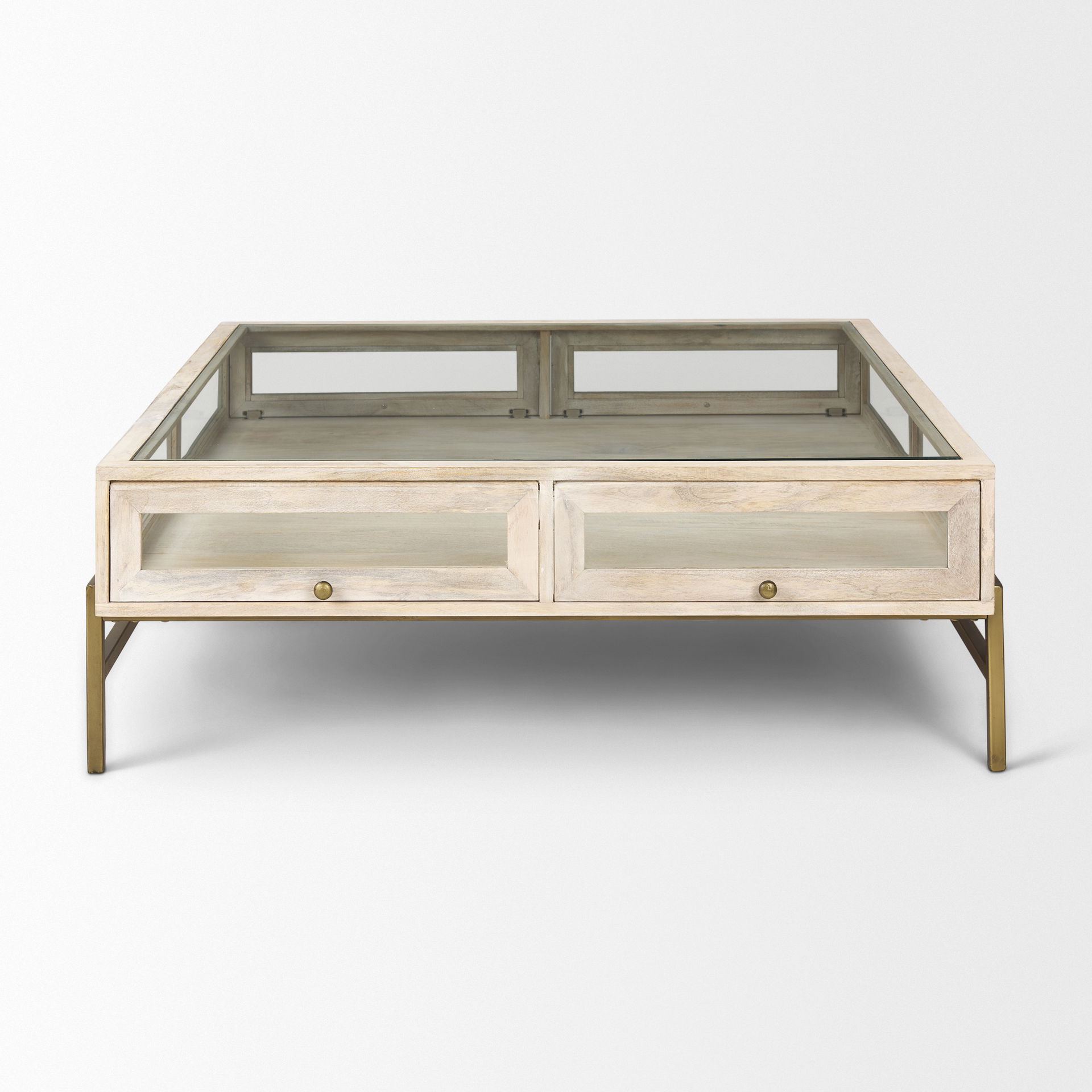 Arelius 42' Square Glass-Top White Wood with Gold Metal Base Display Coffee Table, by Mercana, 43.5" length x 42" width x 15" height View 5
