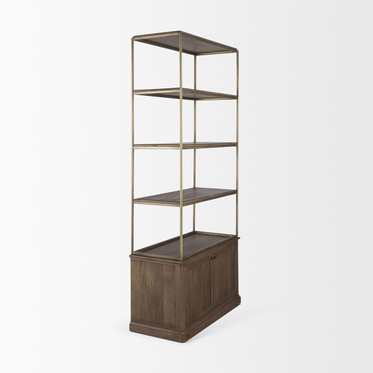 Baron Dark Brown Wood with Antiqued Aged Brass Metal 2-Door Open Shelving Unit, Shelving & Bookcase by Mercana, 41.75" length x 19" width x 90" height View 7