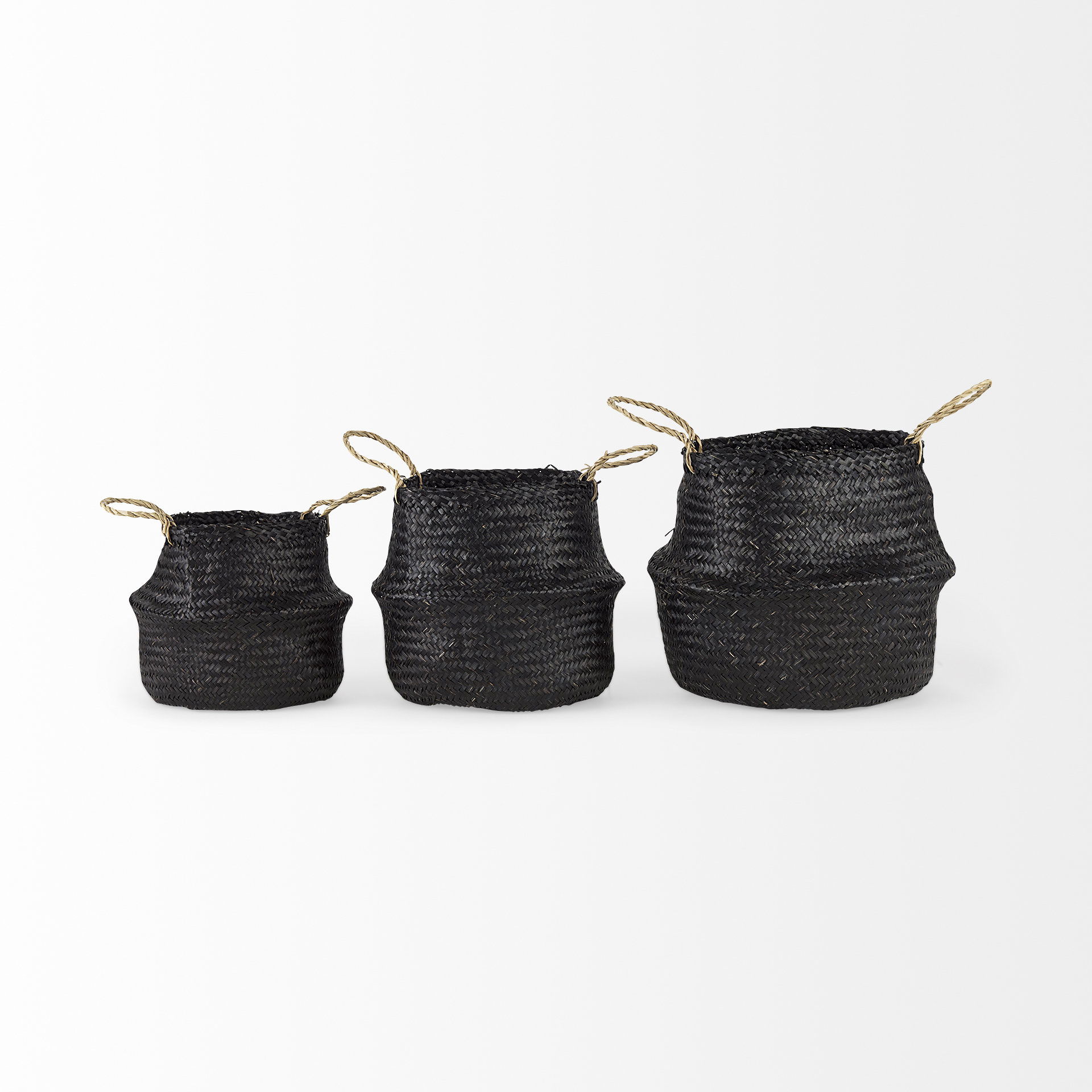 Ella (Set of 3) Black Seagrass Basket with Light Brown Handles, Bins & Basket by Mercana, 13.78" length x 13.78" width x 15.75" height View 2