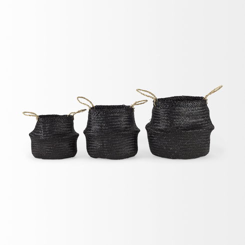 Ella (Set of 3) Black Seagrass Basket with Light Brown Handles