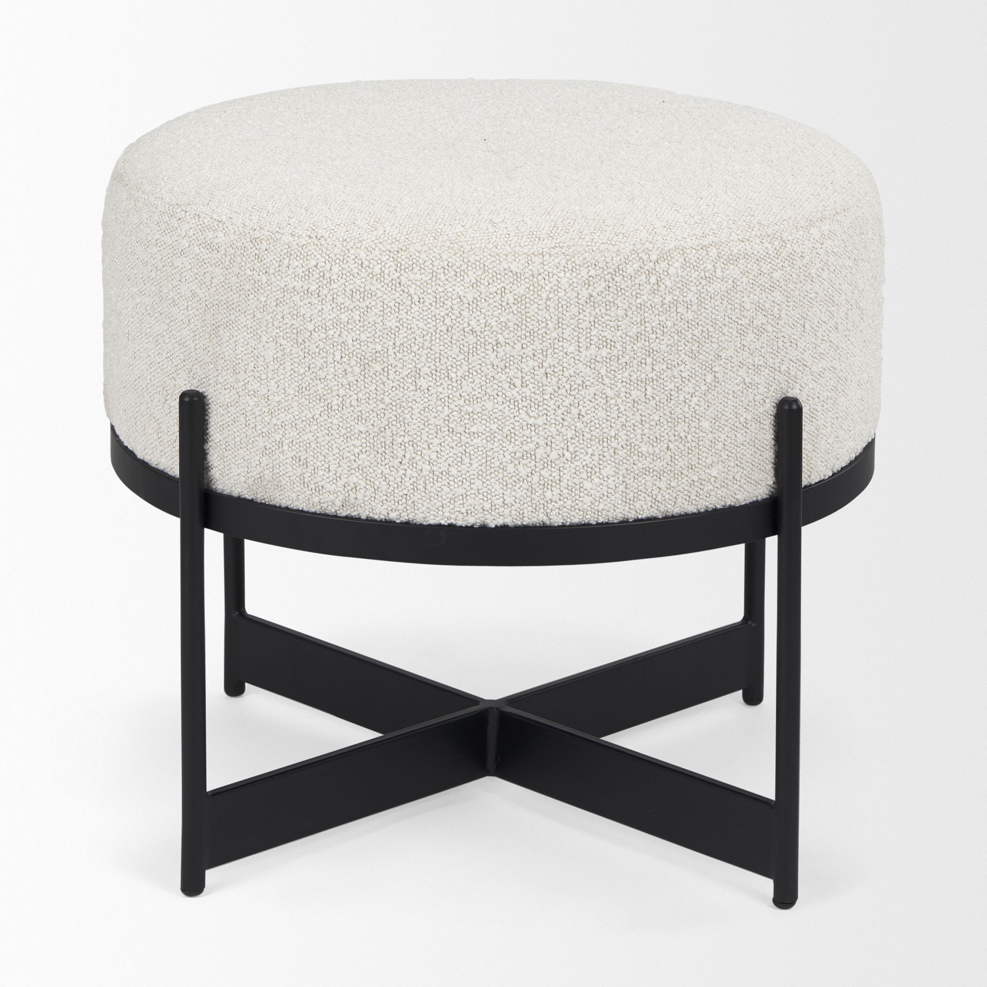 Amelia Cream Boucle with Black Metal Upholstered Pouf, Ottoman by Mercana, 21.26" length x 21.26" width x 19" height View 5