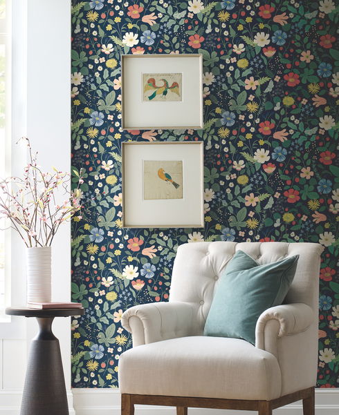 Strawberry Fields Blue & Pink Wallpaper