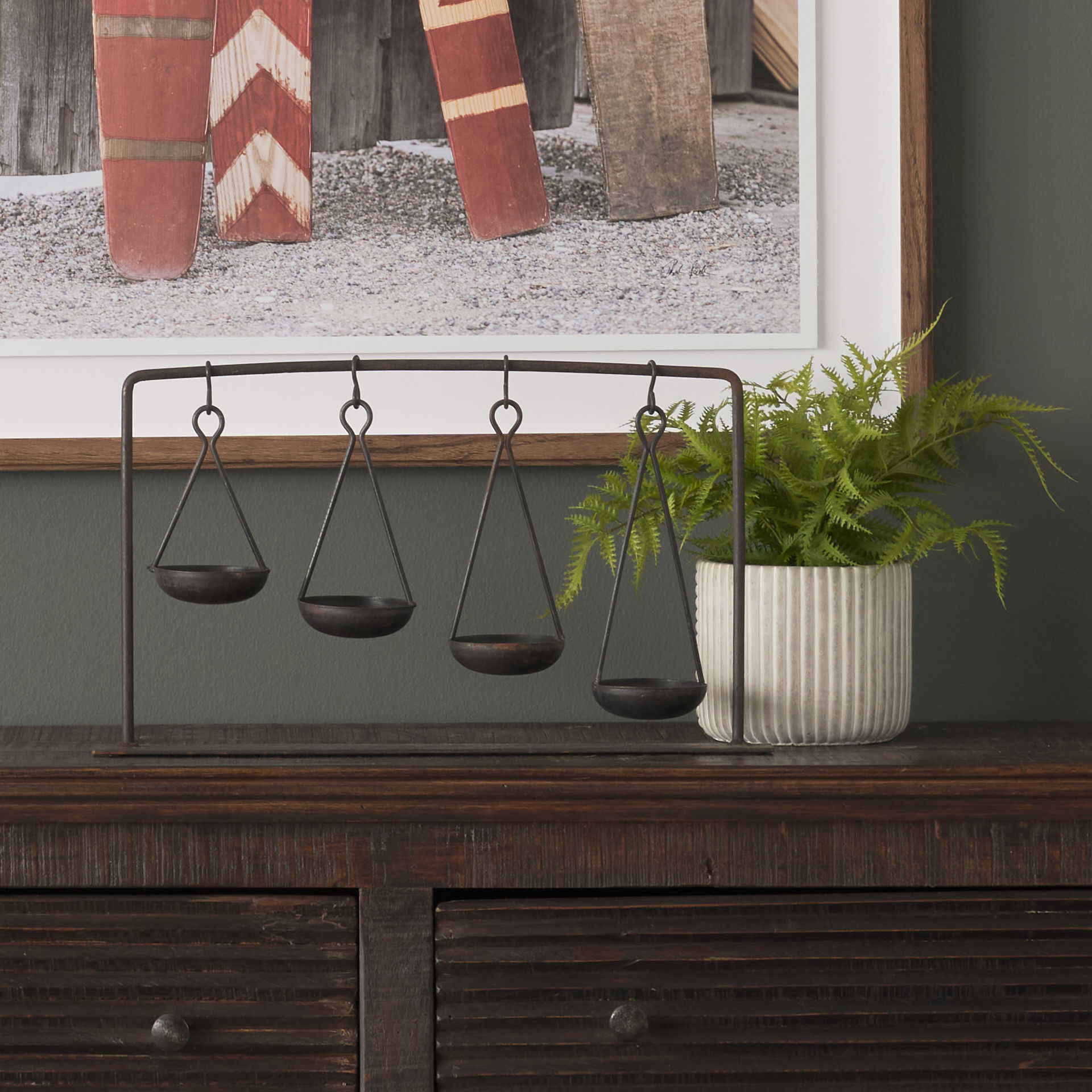 Enos 19L x 3W Black Metal 4 Bowl Ancient Spice Market Decorative Display, Decorative Object by Mercana, 18.5" length x 3" width x 10.5" height View 2