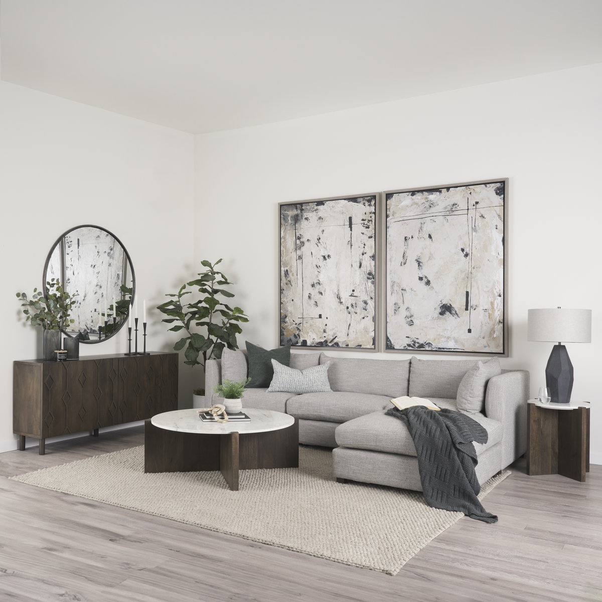 Bianca Dark Brown Wood with Marble Round Top Coffee Table, by Mercana, 48" length x 48" width x 16" height View 2