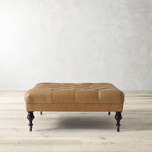 Online Designer Living Room Fairfax Turned Turned Large Square Ottoman Tufted, Standard, Como Leather, Almond, Antique Brass,