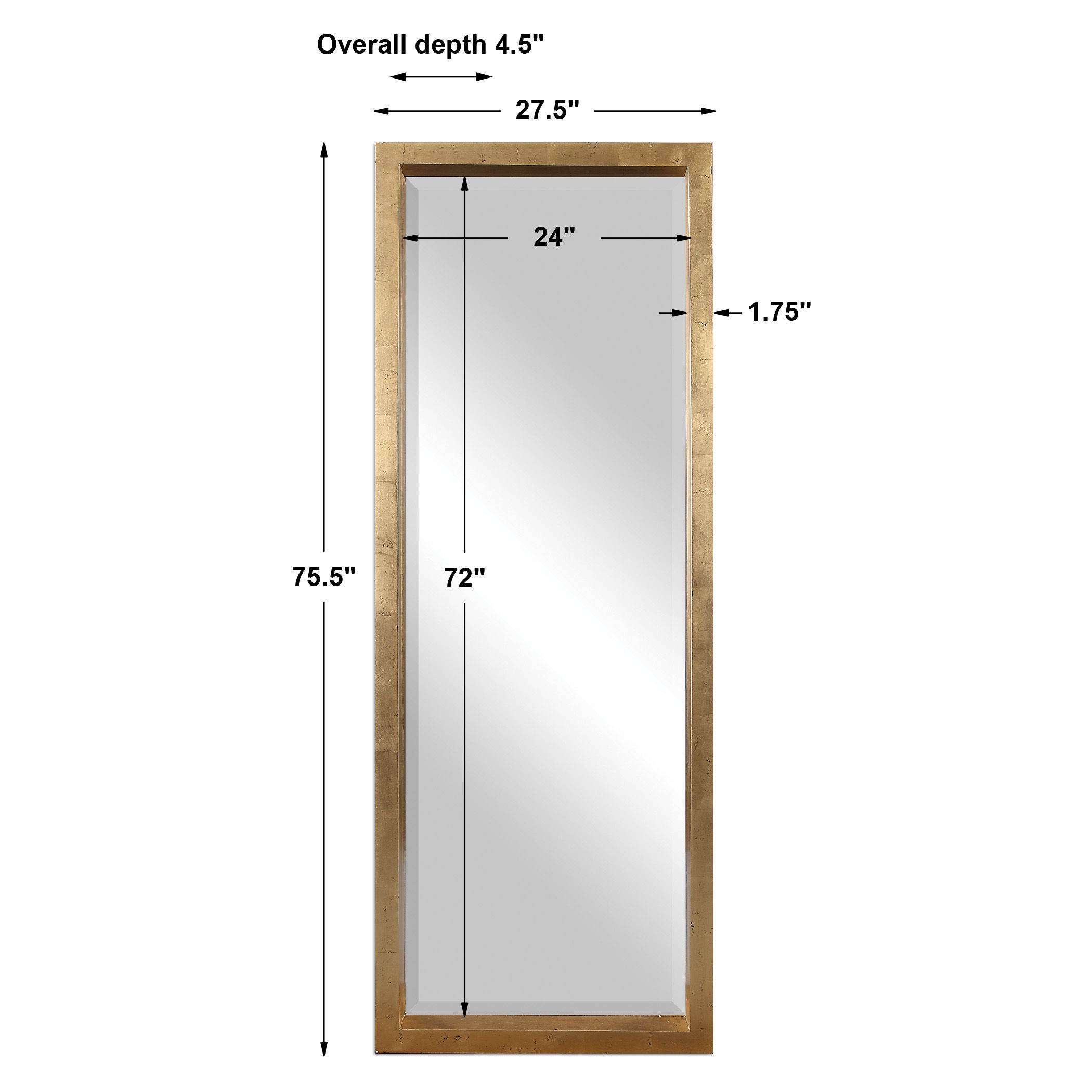 Edmonton Gold Leaner Mirror, by Uttermost, 27.5" width x 75.5" height x 4.5" depth View 3