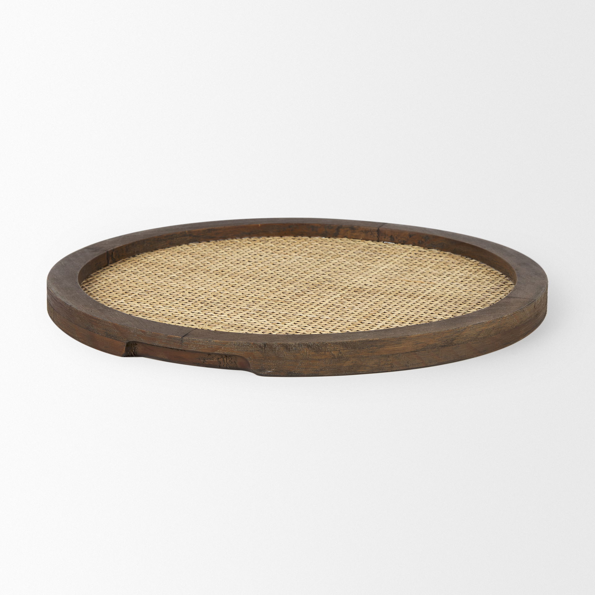 Silas Cane and Medium Brown Wood Round Tray, Decorative Tray by Mercana, 15.75" length x 15.75" width x 0.98" height View 5