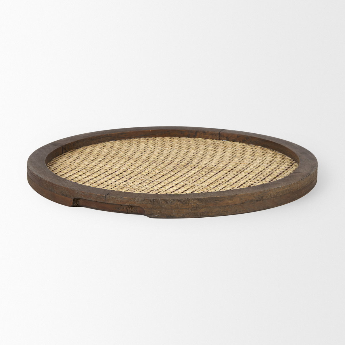 Silas Cane and Medium Brown Wood Round Tray, Decorative Tray by Mercana, 15.75" length x 15.75" width x 0.98" height View 5
