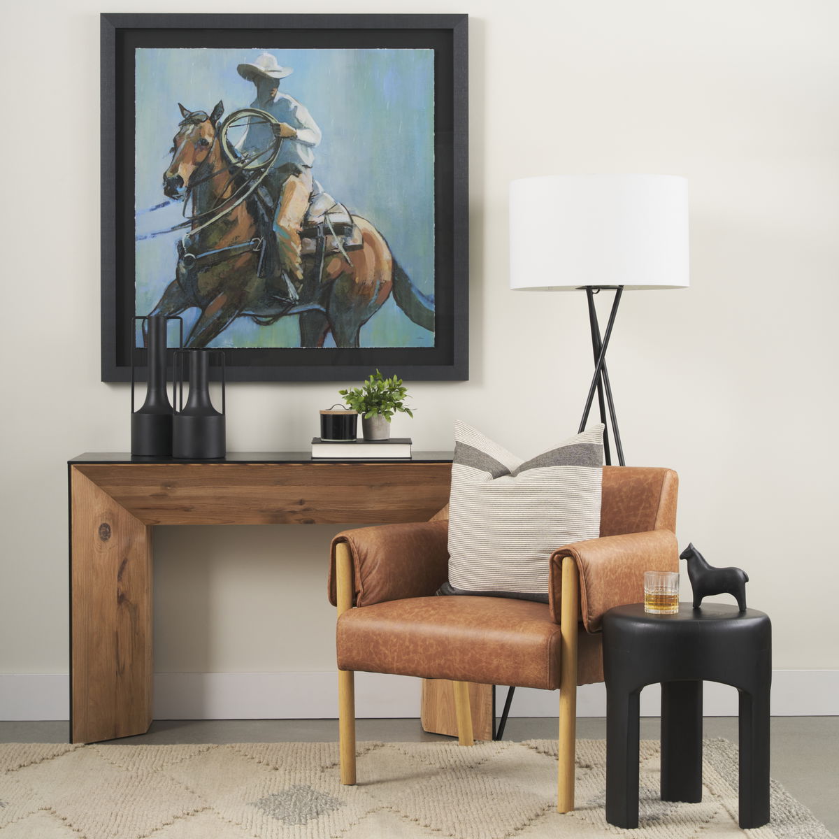 Tabor Natural Wood with Black Oak Waterfall Console Table, by Mercana, 47" length x 16" width x 31" height View 2