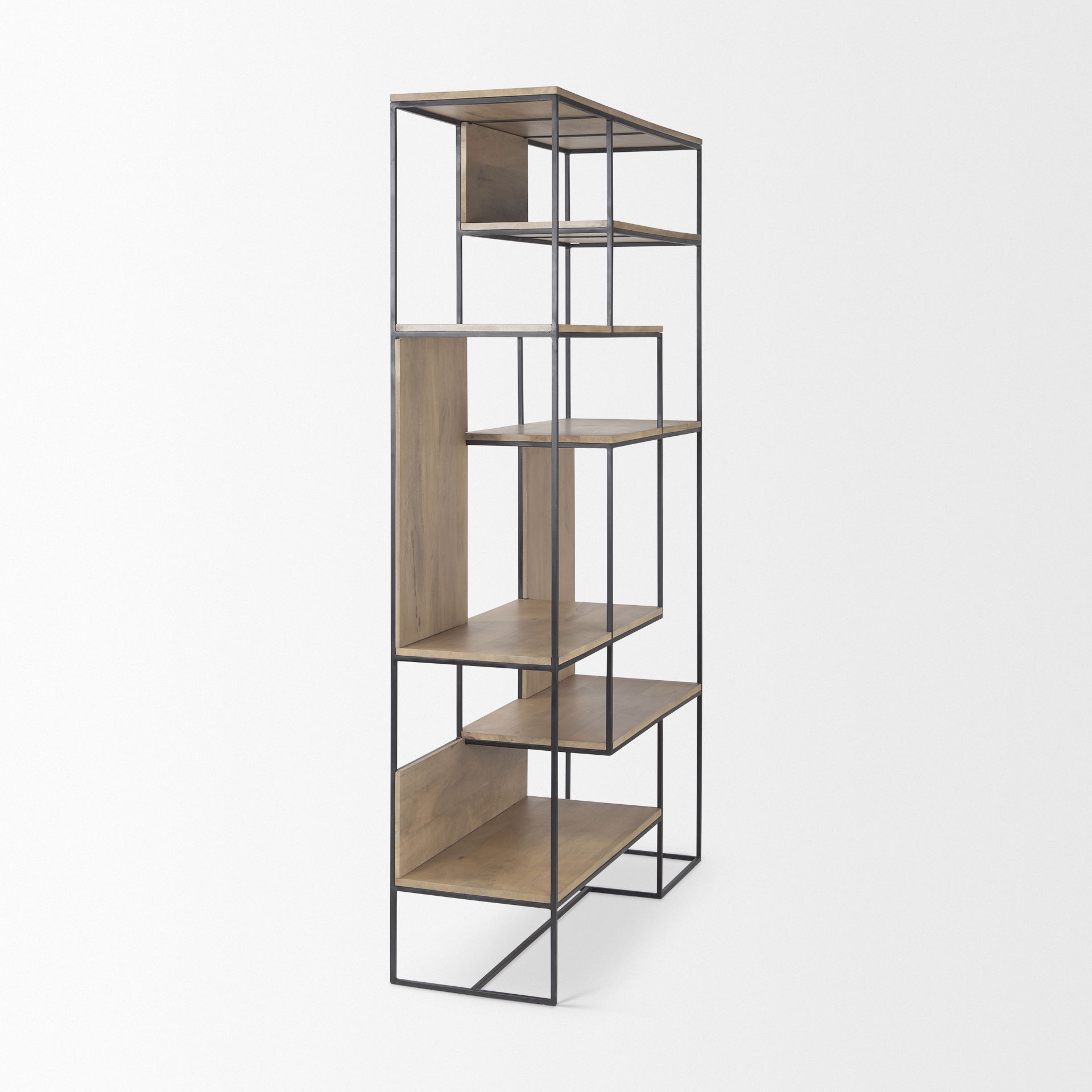 Morris 47.0L x 15.0W x 75.0H Light Brown Wood with Black Metal Frame 6-Tier Shelving Unit, Shelving & Bookcase by Mercana, 47.25" length x 15" width x 75.5" height View 7