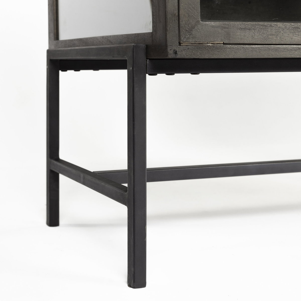 Arelius  36L x 18W Black-Brown Wood, Black Metal Base with 2 Glass Doors Accent Cabinet, Cabinets & Chest by Mercana, 36" length x 18" width x 32" height View 13