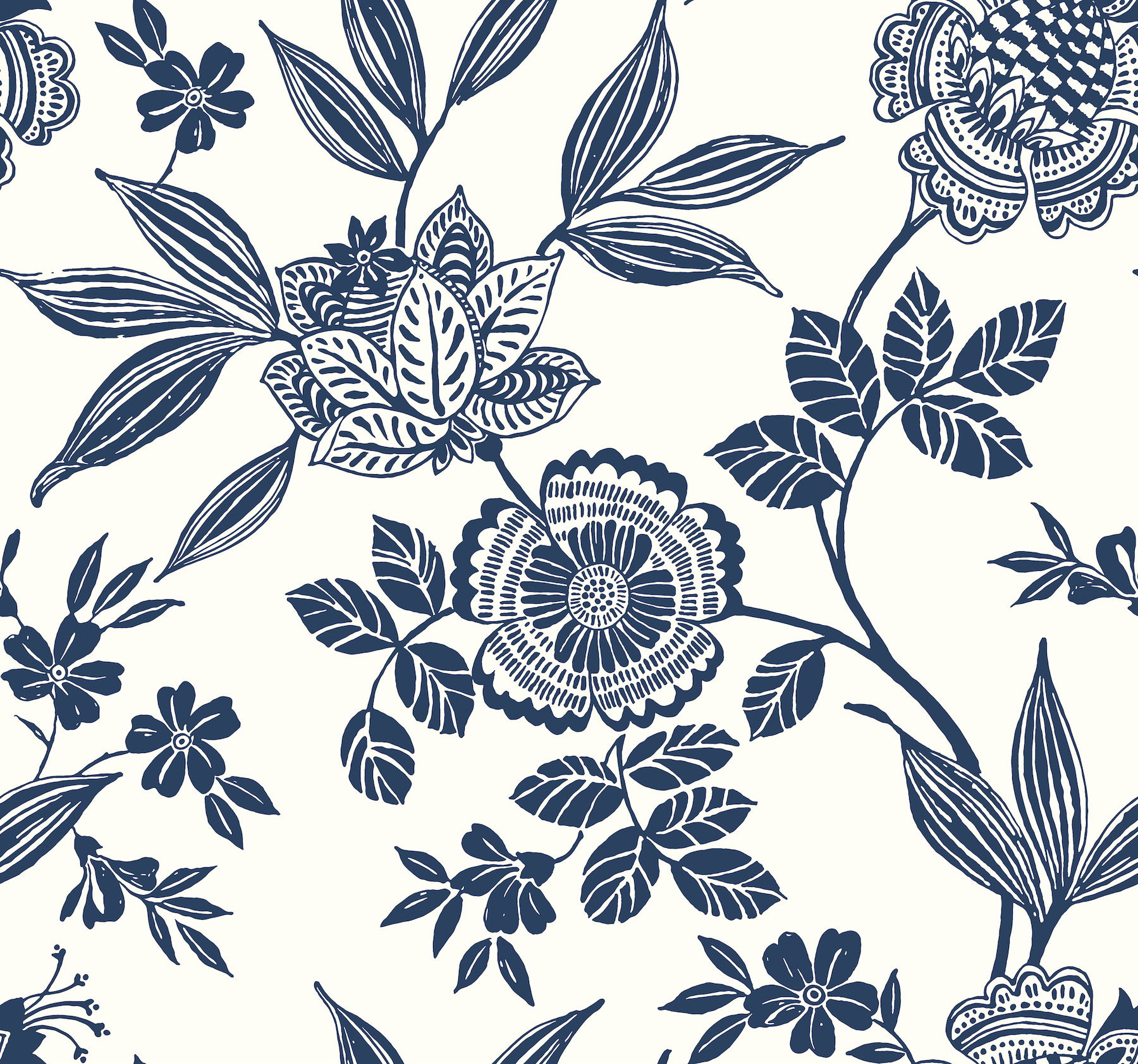 Wood Cut Jacobean Navy Wallpaper large image 