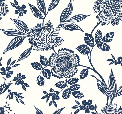 Wood Cut Jacobean Navy Wallpaper