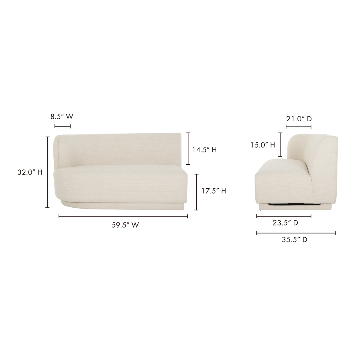 Yoon 2 Seat Sofa Left, Sofas & Sectional by Moe's Home, 59.5" width x 32.25" height x 35.5" depth View 10