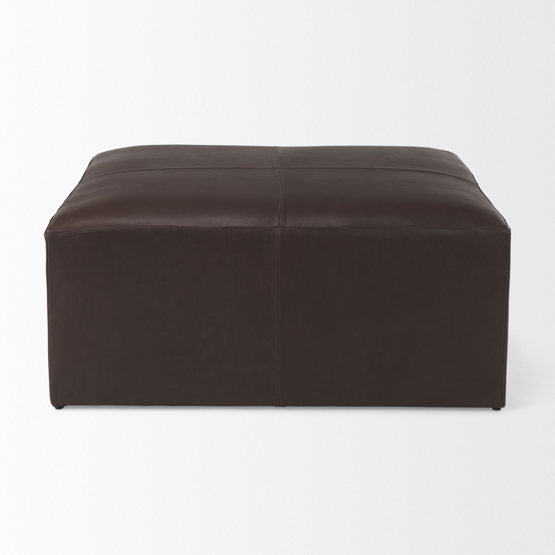 Minara 36L x 36W x 16H Square Dark Brown Leather Wrapped Ottoman, by Mercana, 36" length x 36" width x 16" height View 2