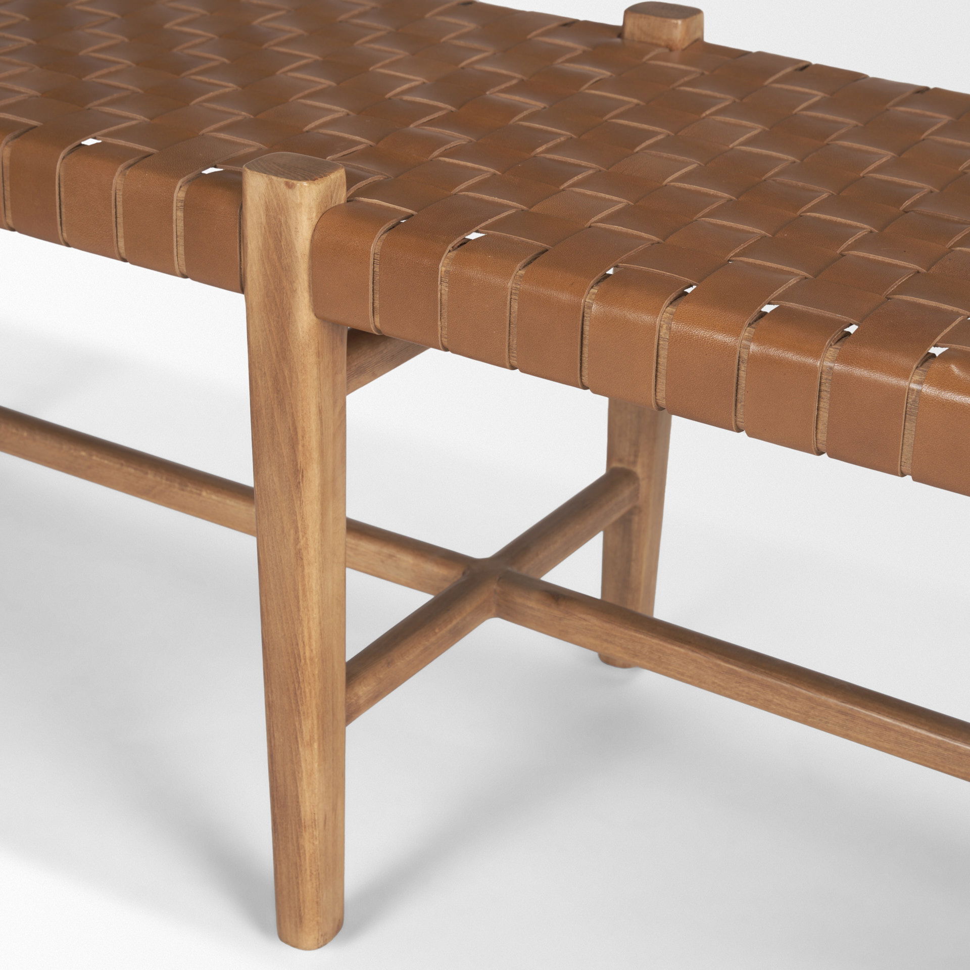 Shane Brown Wood with Woven Brown Leather Bench, Benche by Mercana, 52" length x 16.5" width x 18.75" height View 9