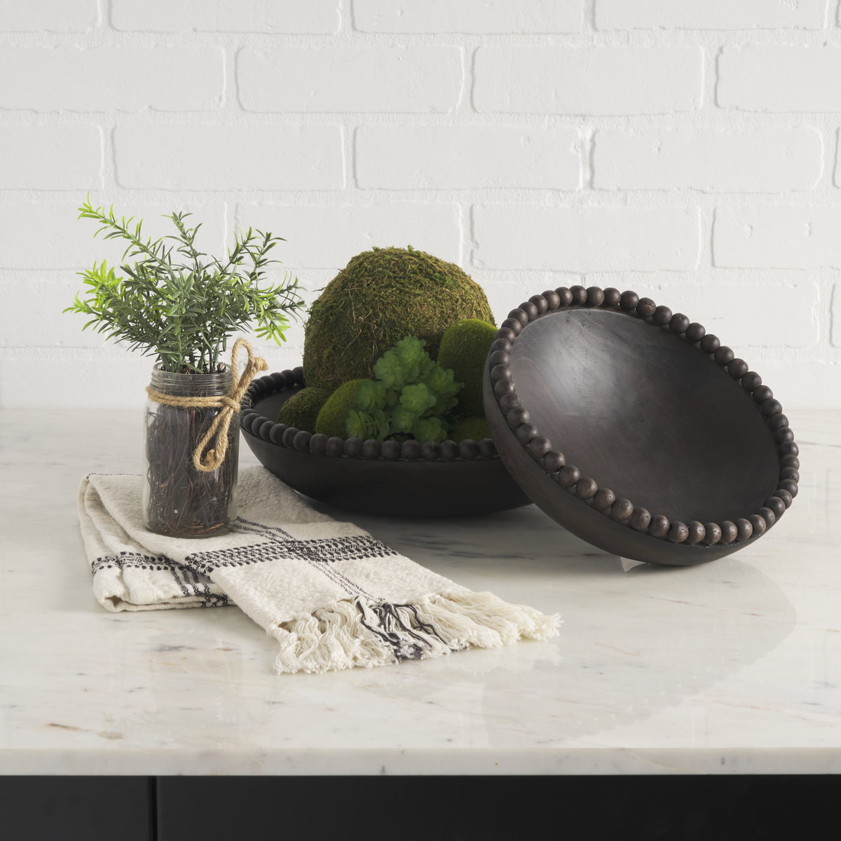 Wendell Dark Brown Wood with Wood Beads Round Bowls, Decorative Bowl by Mercana, 12" length x 12" width x 3" height View 2
