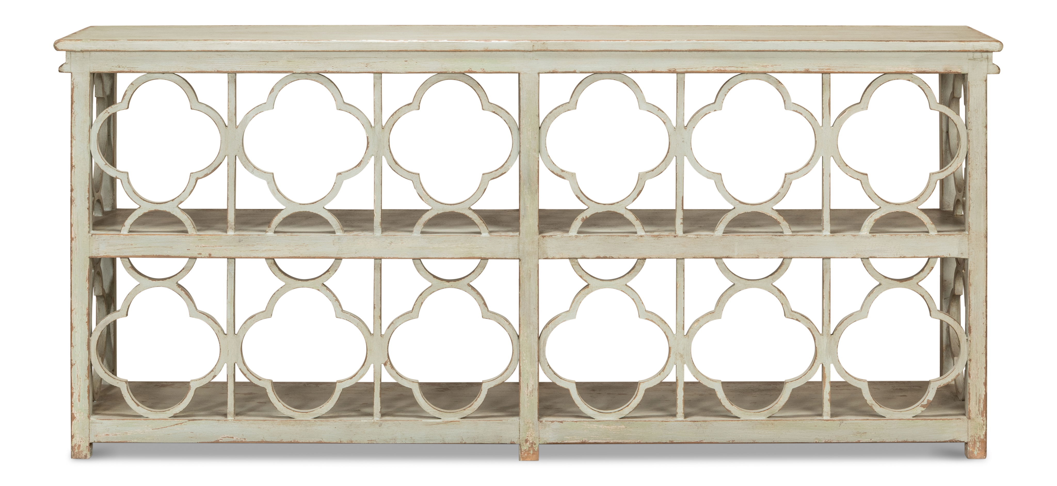 Quatrefoil Bookshelf Console Table, Shelving & Bookcase by Sarreid, 78" length x 16" width x 35" height View 3