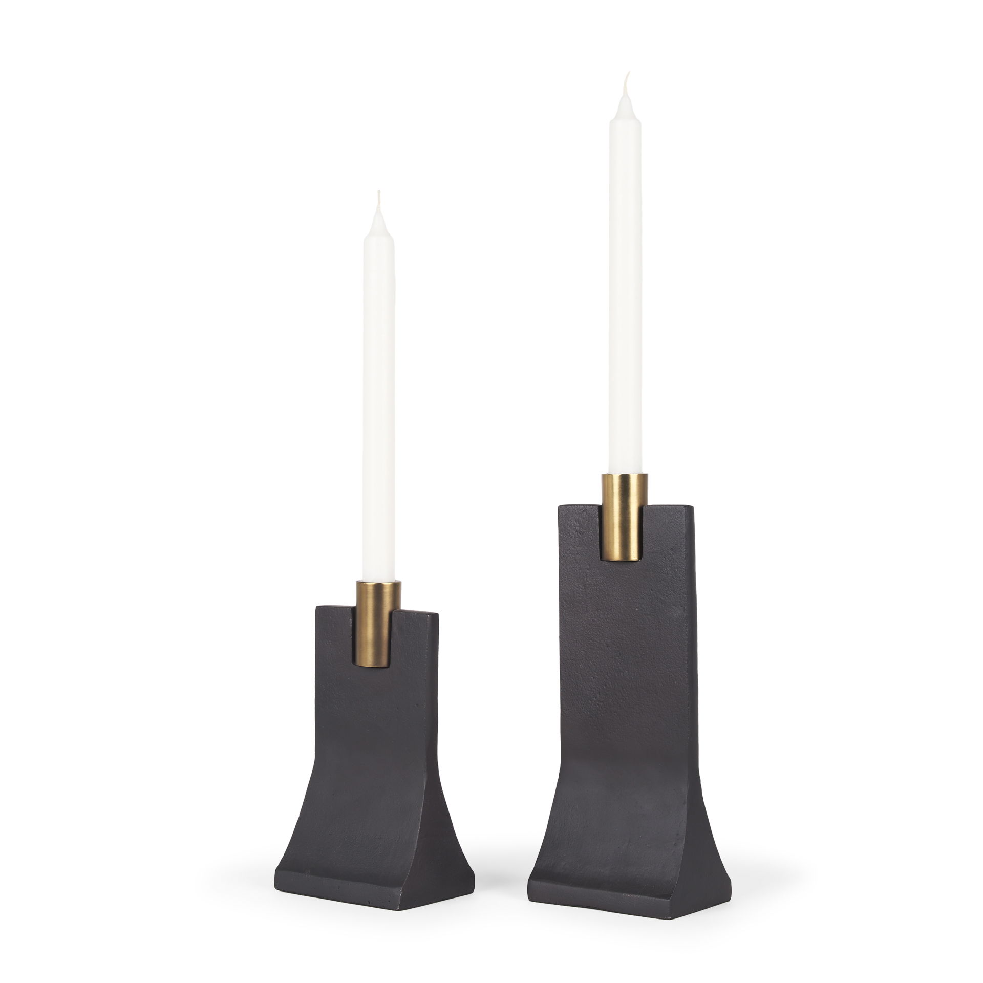 Polli Matte Black with Brushed Gold Metal Taper Candleholders (Set of 2), Candles & Candle Holder by Mercana, 4.33" length x 4.15" width x 11.4" height View 1