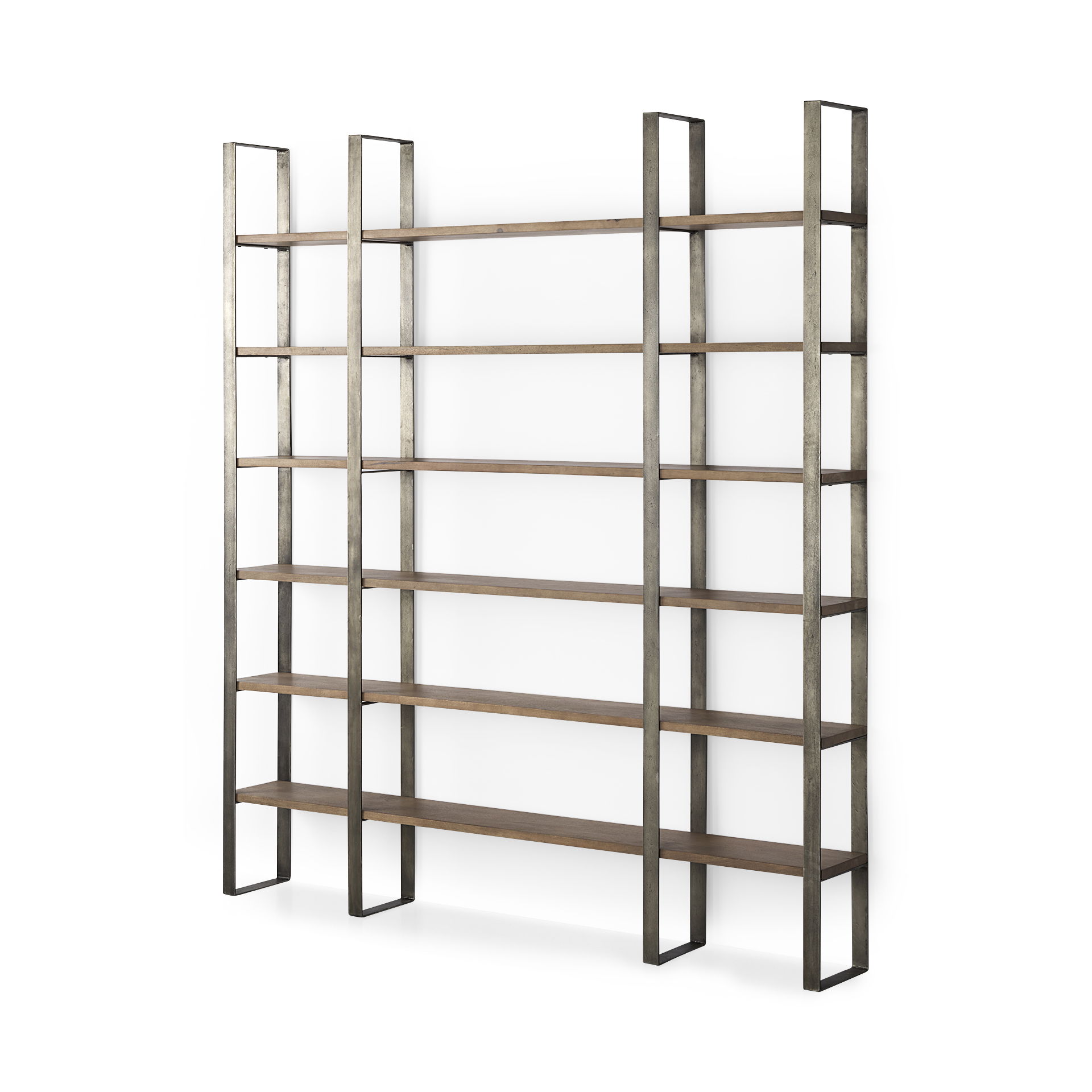 Taunton 80L x 10.5W x 90H Medium Brown Wood with Antique Nickel Metal Frame 6 Tier Shelving Unit, Shelving & Bookcase by Mercana, 80" length x 10.5" width x 90" height View 1