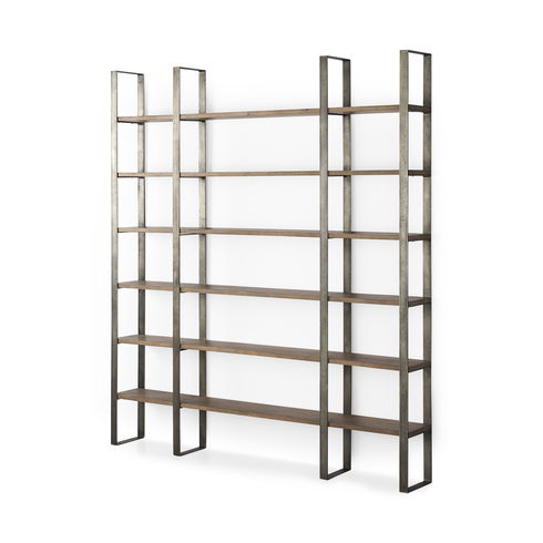 Taunton 80L x 10.5W x 90H Medium Brown Wood with Antique Nickel Metal Frame 6 Tier Shelving Unit