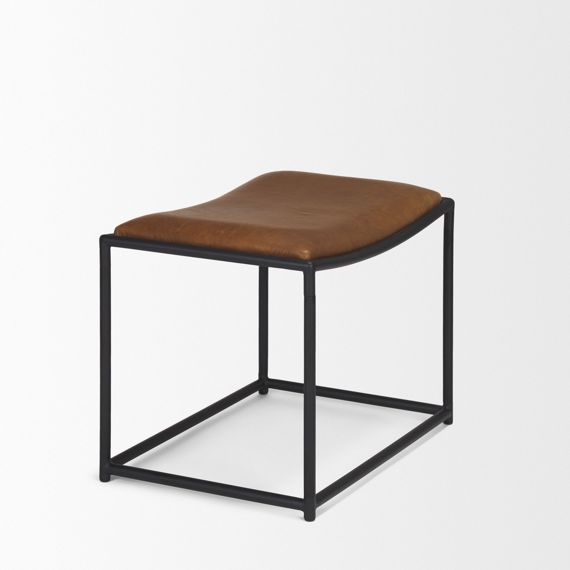 Taniel Brown Leather with Black Metal Stool, Ottoman by Mercana, 23.25" length x 16" width x 17.5" height View 5