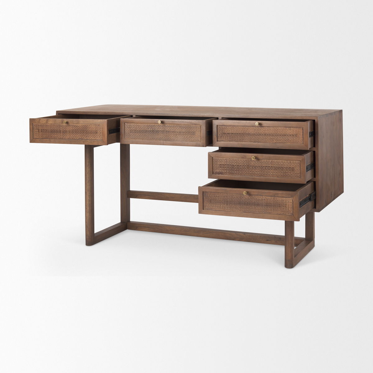 Grier 60' Medium Brown Solid Wood with Cane Office Desk, by Mercana, 60" length x 22.75" width x 30.5" height View 6