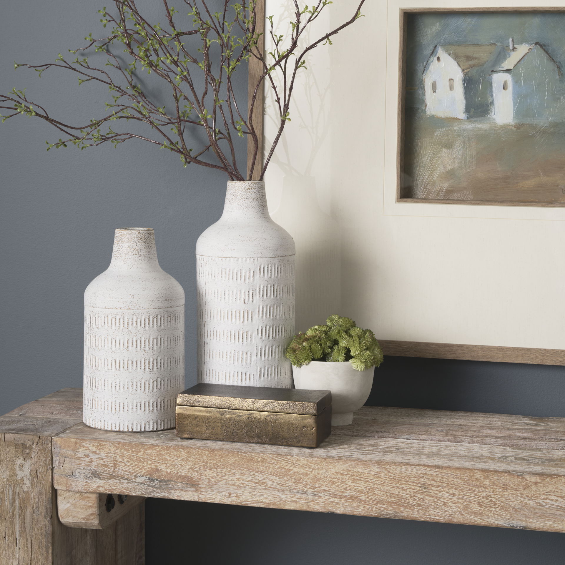 Tisha Small White with Terracotta Distressing Metal Vase, by Mercana, 5.91" length x 5.91" width x 11.42" height View 5