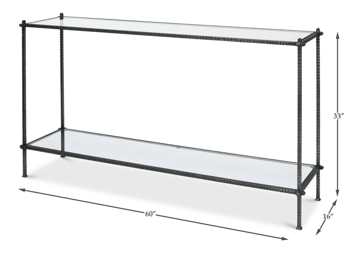 Hand Chased Iron Console Tble, Glass Top, Console Table by Sarreid, 60" length x 16" width x 33" height View 13