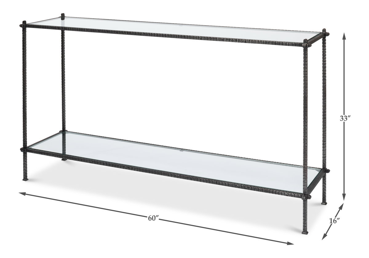 Hand Chased Iron Console Tble  Glass Top, by Sarreid, 1'4" length x 5' width x 2'9" height View 13